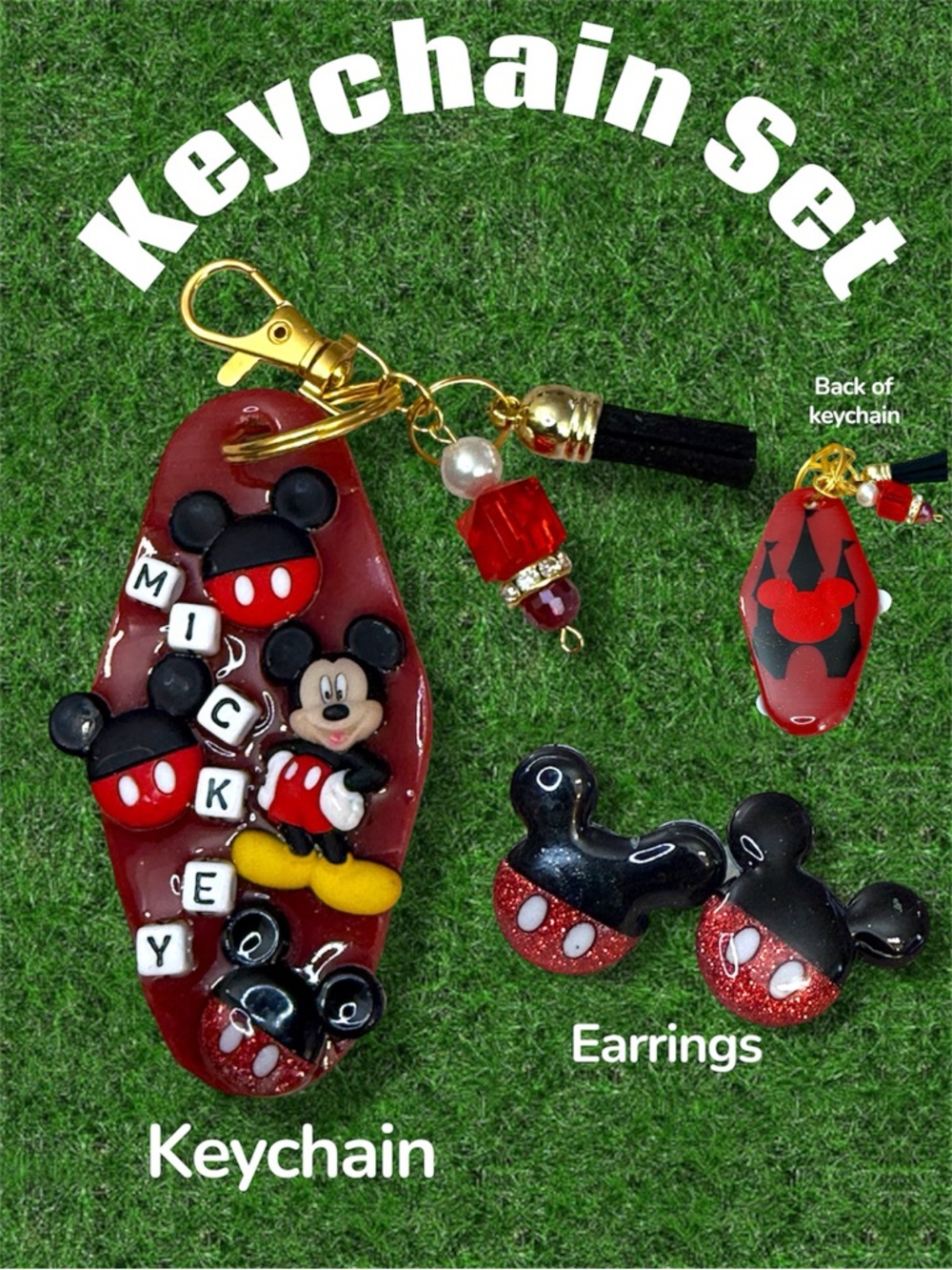 NEW Mickey Mouse Red Resin Keychain & Earrings Set, Jewelry Set, Crystal, Stud
